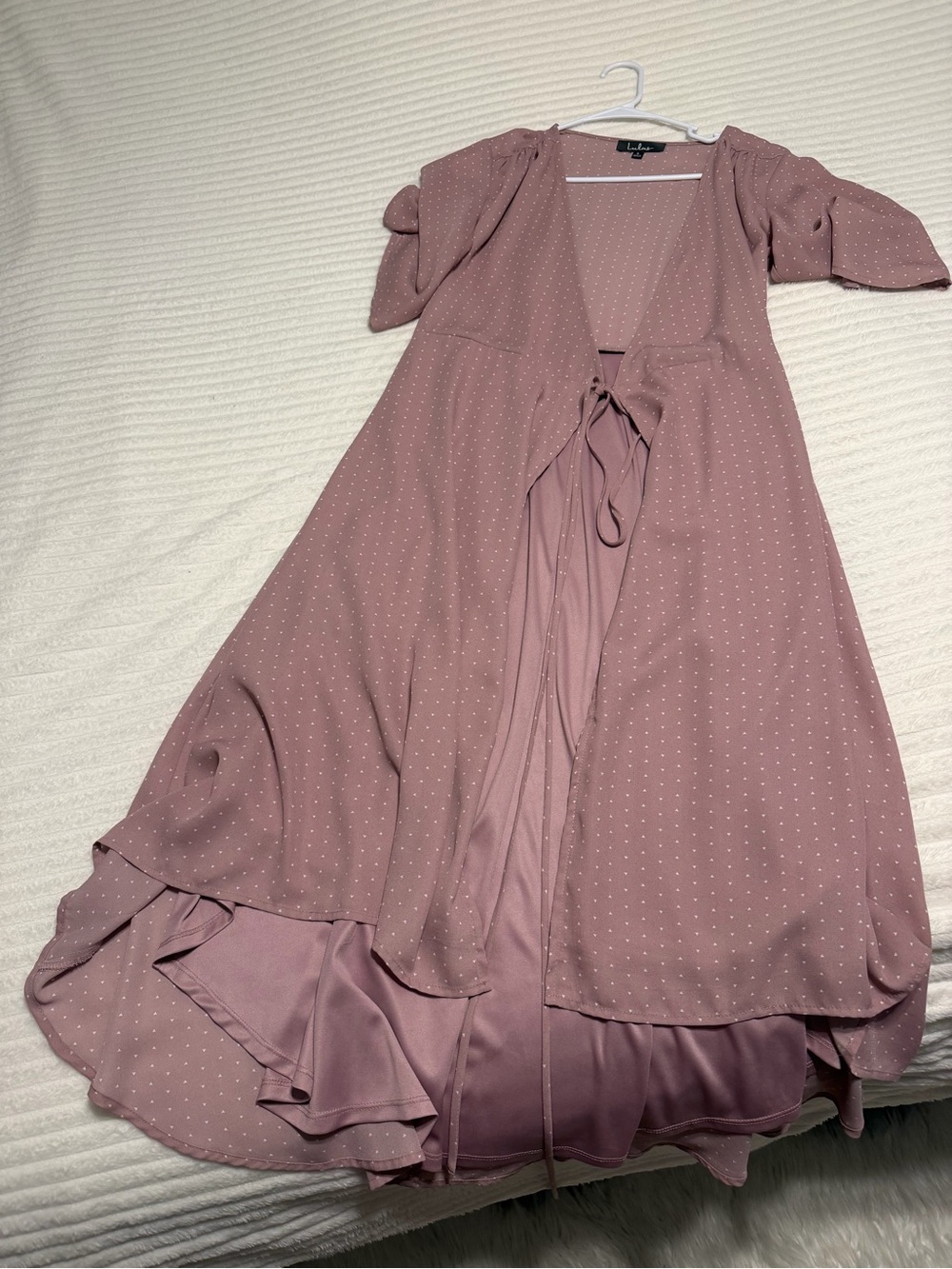 Lulu's Mauve Polka Dot High-Low Wrap Dress